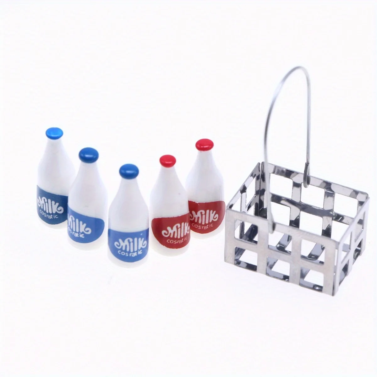 

1set Dollhouse Miniature Milk Bottles with Metal Basket Model Playhouse Decoration Food Play Simulation, Holiday & Birthday Gift