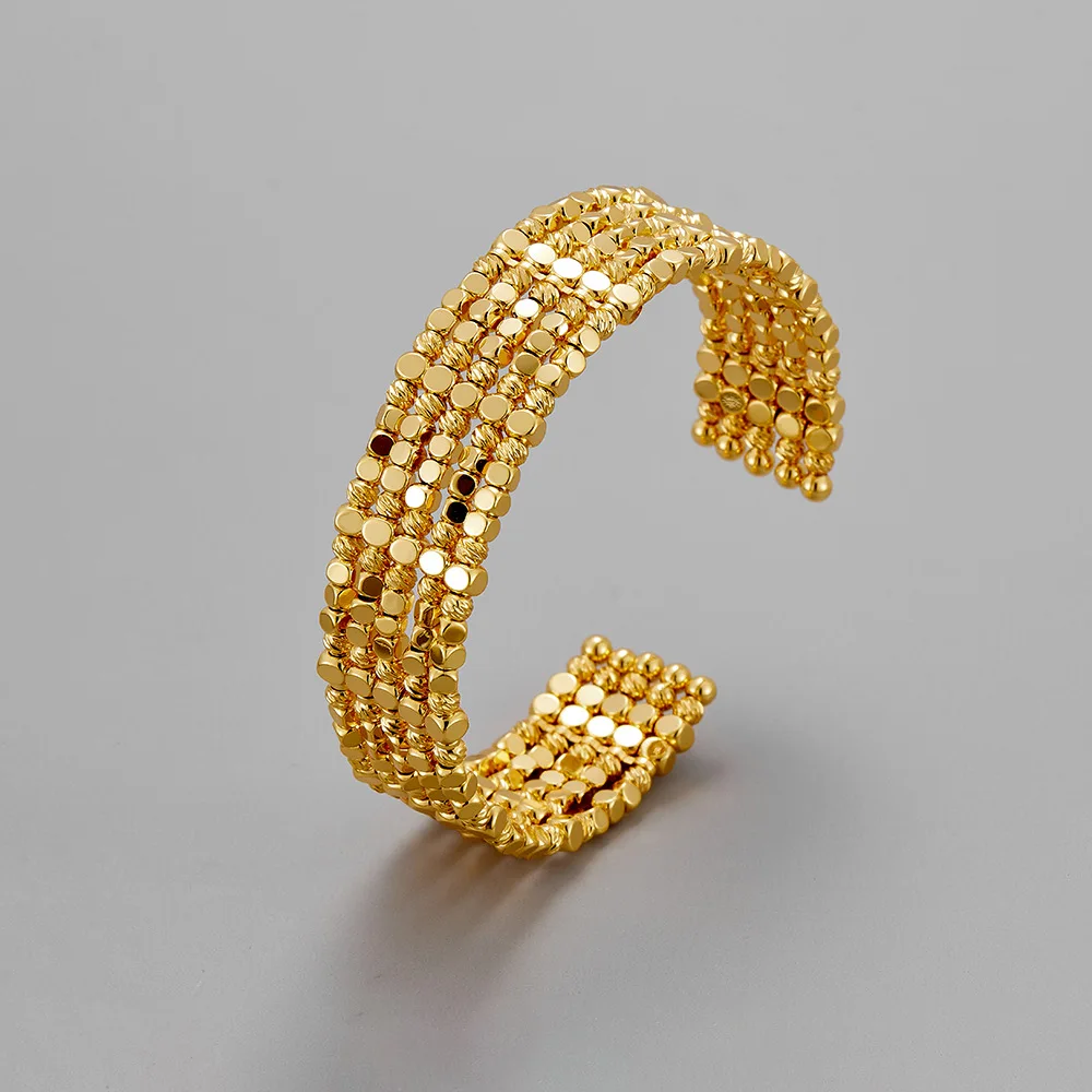 Original High-end Woven Golden & Silver Multicolor Copper Beads Wave Line Open Cuff Bracelet Ring For Ladies Daily Wear