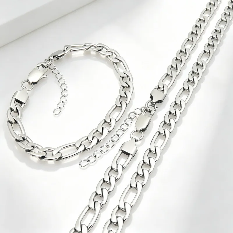 3-15mm wide Fashion NK Cuban Figaro Chain For Mens Women Stainless Steel Necklace and Bracelet Jewelry Set Silver Gold