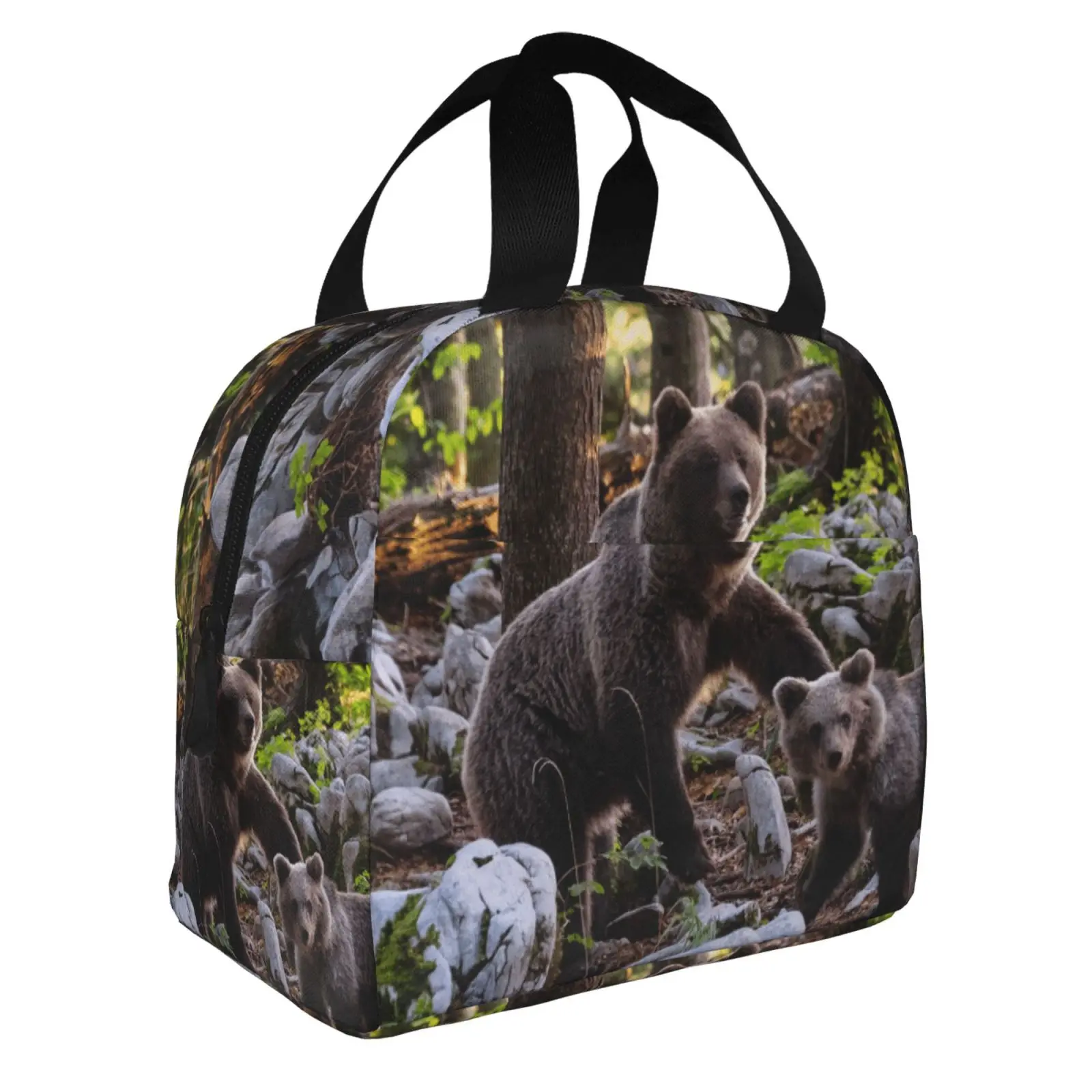 Bears in Natural Scenery Print Lunch Bags Insulated Bento Box Lunch Tote Leakproof Picnic Bags Thermal Bag for Woman Girl School