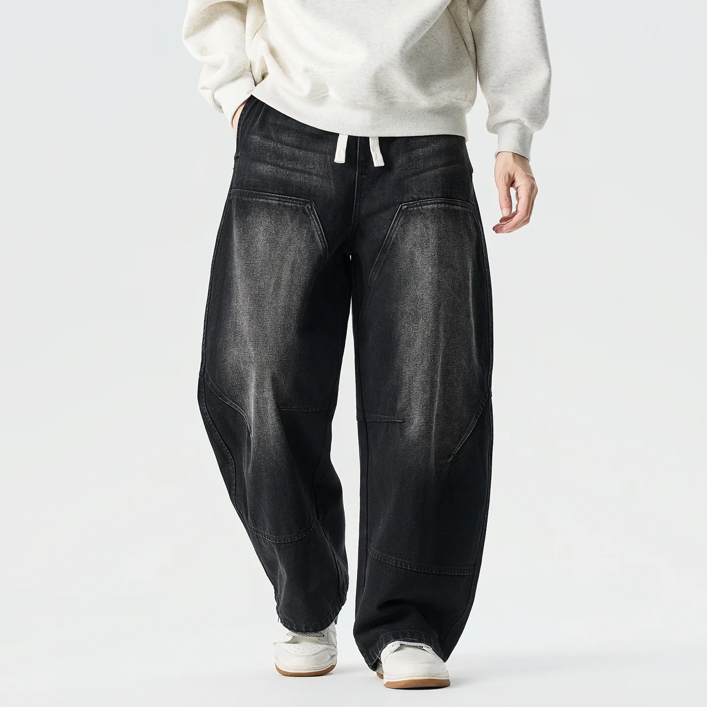 

2026 Spring Men Black Denim Pants Men Vintage Elastic Waist Jeans Pants Male Hip Hop Wide Leg Pants Man Cotton Baggy Trousers