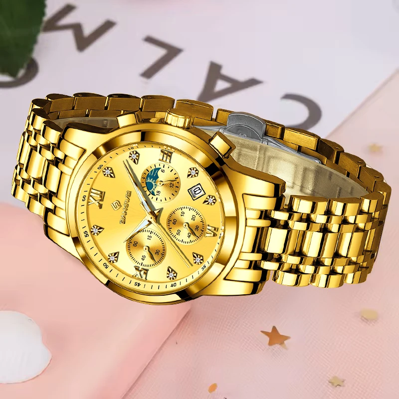 LIGE BANGWEI 2026 New Gold Diamond Watches for Women Fashion Stainless Steel Waterproof Luminous Quartz Ladies Wristwatch Gift