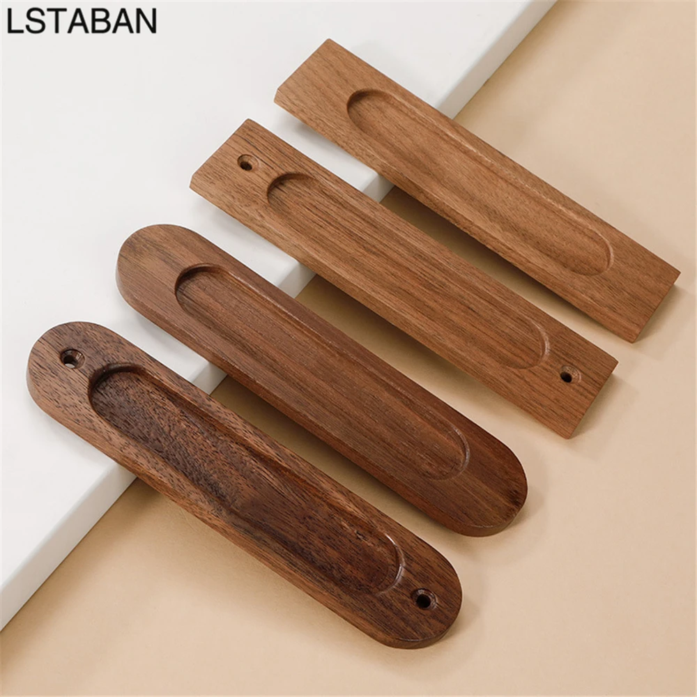 Walnut Sliding Barn Door Handle Cabinet Hidden Drawer Pull Solid Wood Punch-free Wardrobe Door Knob Furniture Hardware Pull Knob