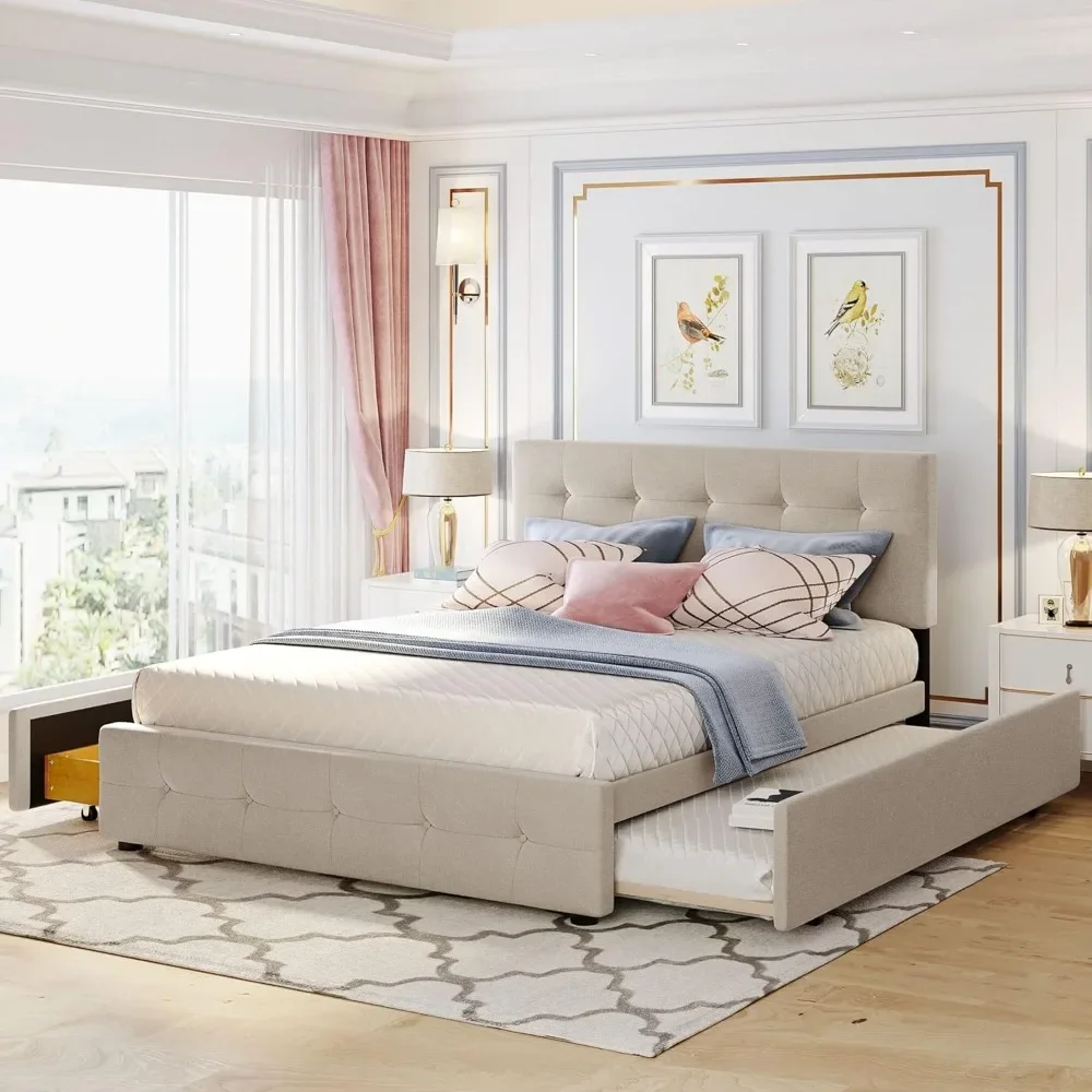 Cama Queen con nido y almacenaje, cama tapizada con 2 cajones y 1 cama nido doble XL |