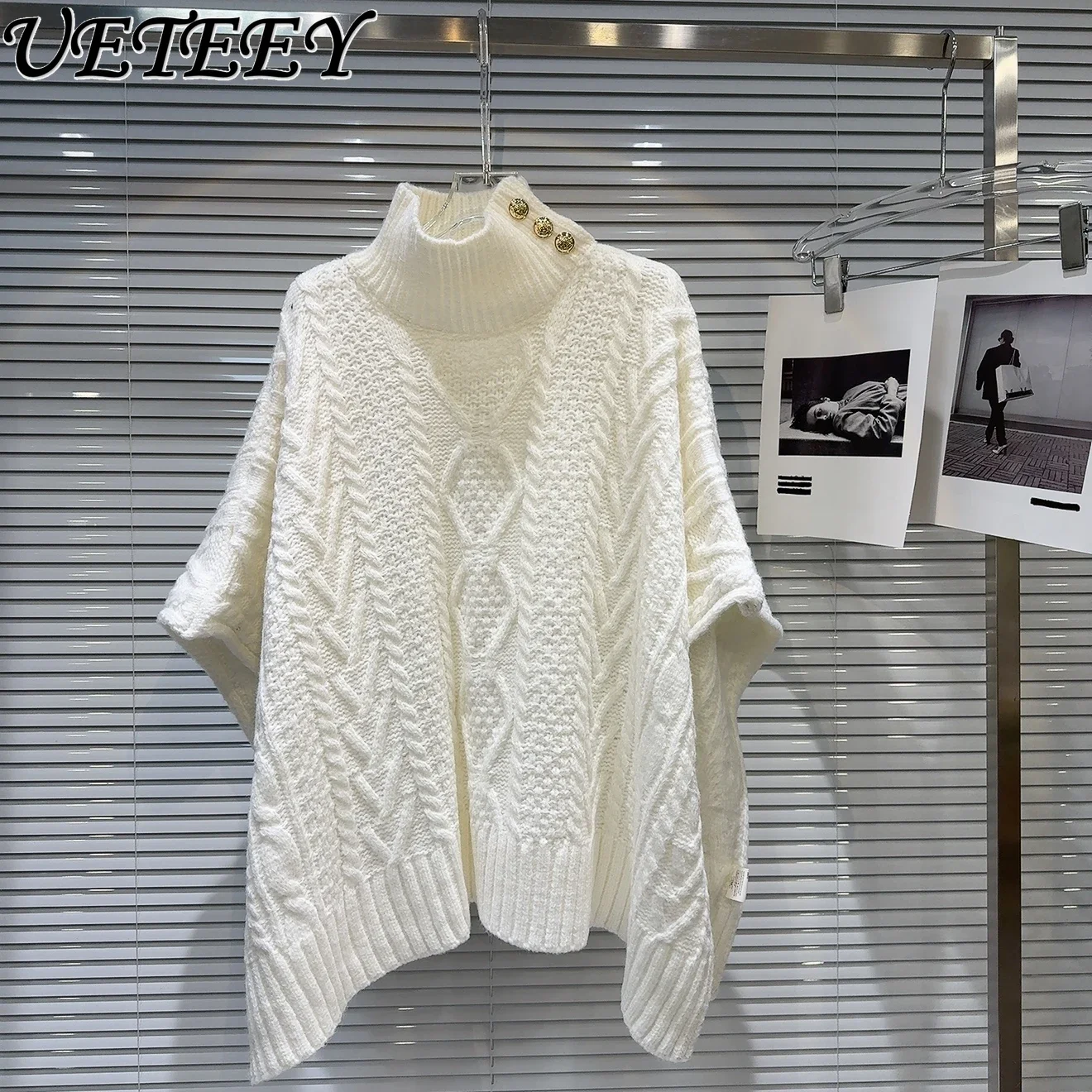 Autumn and Winter New Temperament Sweet Metal Buckle Bat Sleeve Knitted Jumper Turtleneck Twist Twisted White Cape Sweater