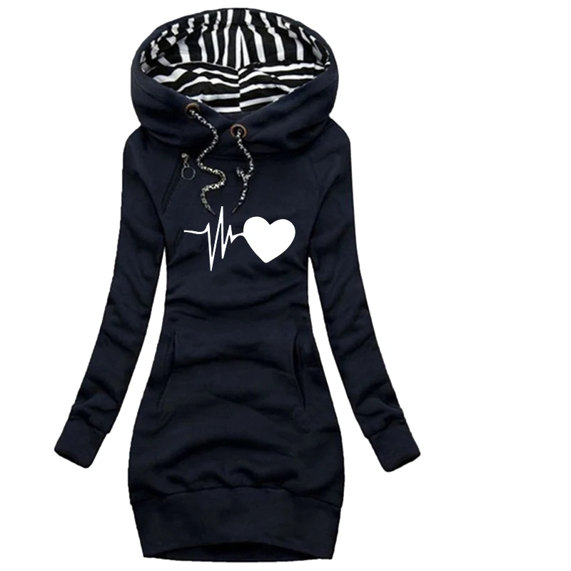 New electrocardiogram Printed Women Autumn Winter Solid Color Long Sleeve Casual Hoodies Dress Sweater Dress S-3XL