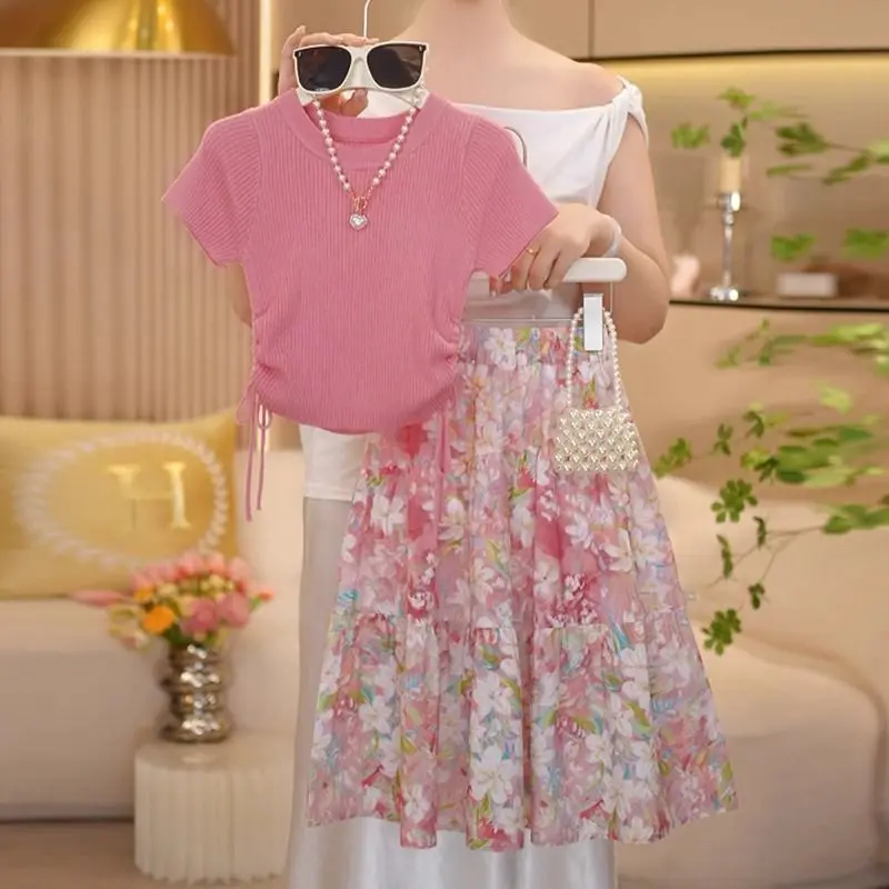 

Children's Waist T-shirt+Floral Half Skirt Two Piece Set Girls' Set Summer New Style Summer Dress