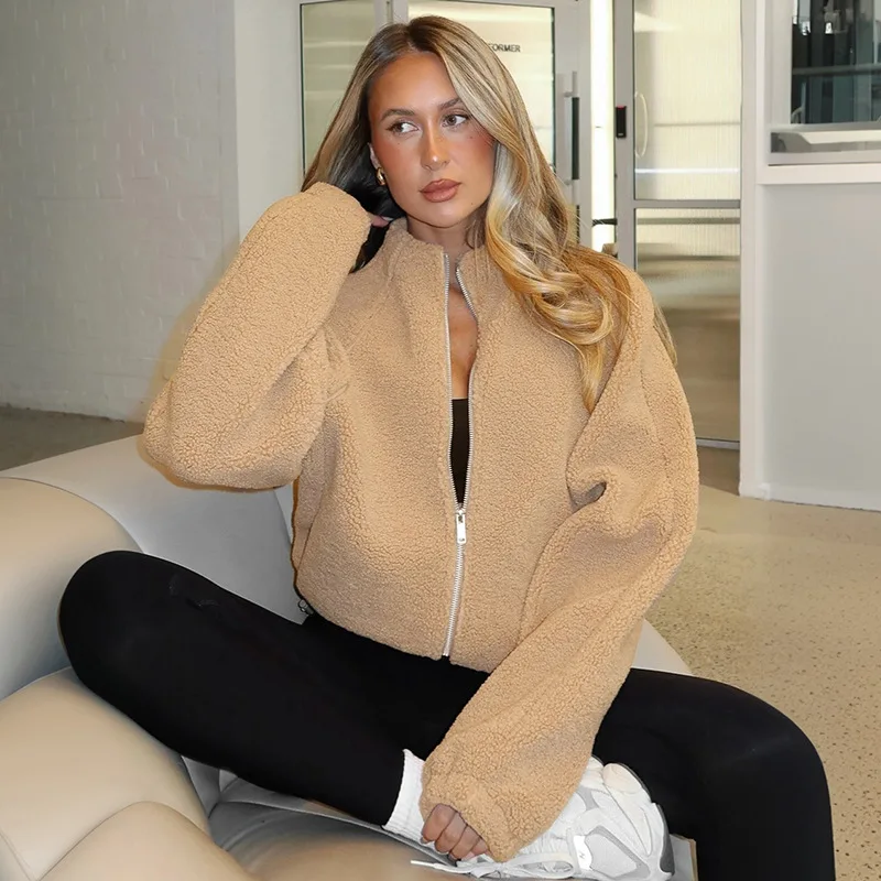 

Tornova плюшевый кардиган на молнии, пальто для женщин, однотонное осенне-зимнее теплое пальто с длинными рукавами и карманами, женские куртки