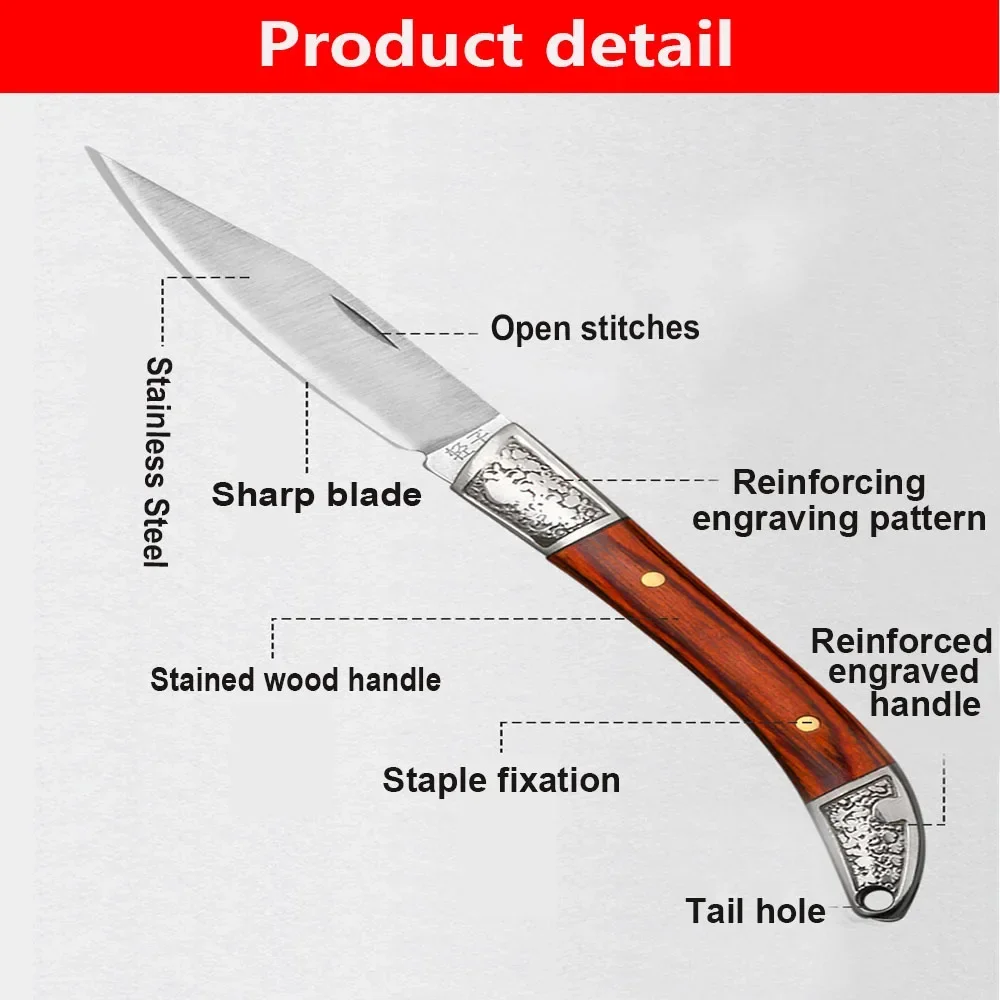 Cuchillo de bolsillo plegable de acero inoxidable, cuchillo de fruta con mango de madera, cuchillos multifuncionales para fácil transporte de