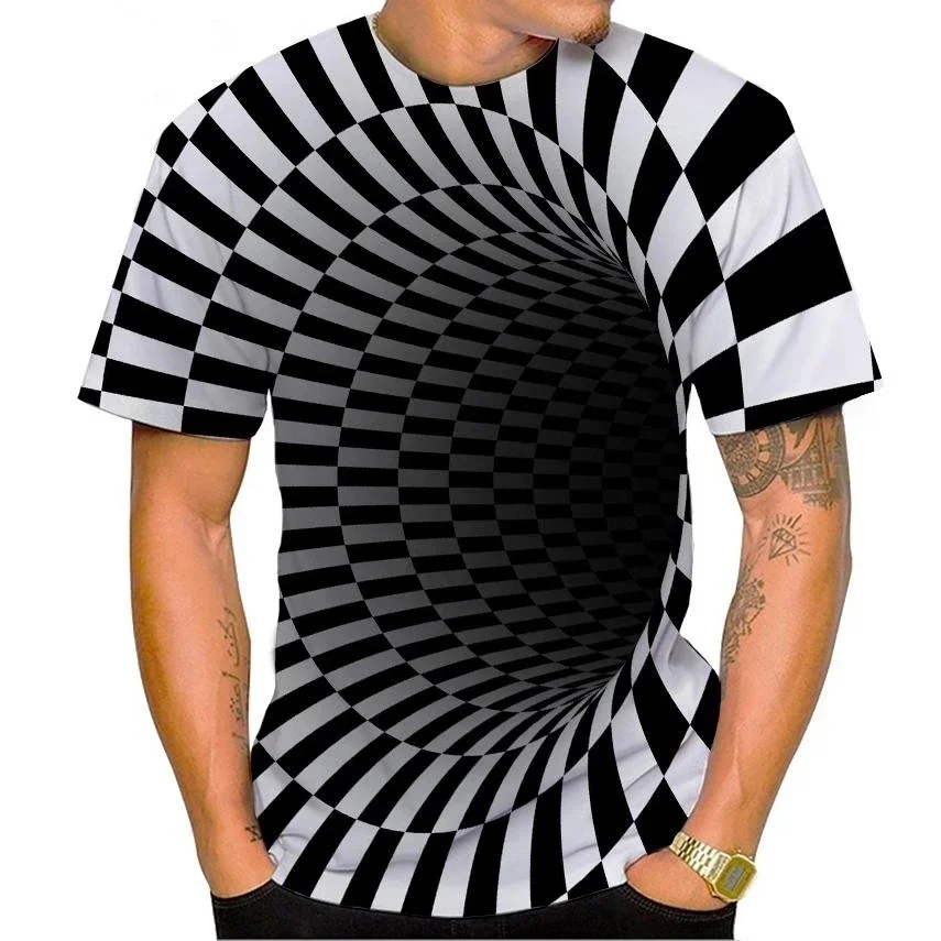 Fashion Men's Black White Vortex Optical Illusion 3D Print T Shirt Checker Hole Graphic Short Sleeve Tee Trend Streetwear Tops