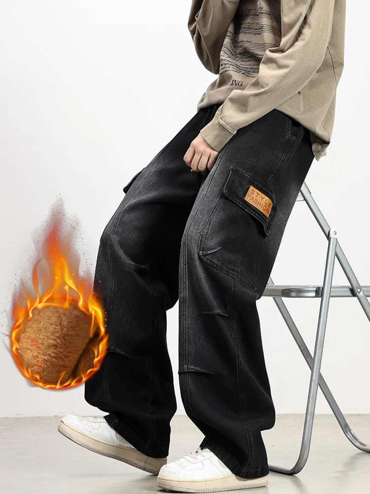 الرجال الشتاء الصوف البضائع الجينز مع 5 جيوب واسعة الساق مستقيم فضفاض الجينز نحى الدافئة الدنيم السراويل حجم الآسيوية L-6XL #2