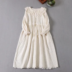 Japanese Sweet Mori Girl Embroidery Cotton Dress Women Spring Summer Cute Peter Pan Collar Long Sleeve Casual Loose Midi Dress