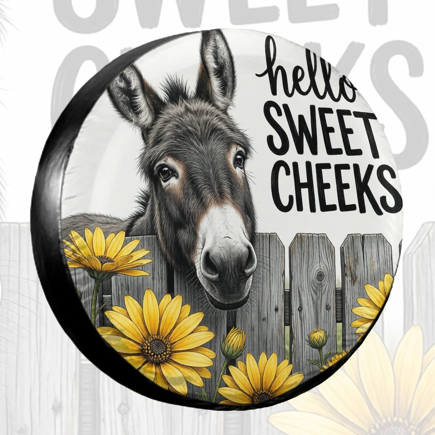 1pc Spare Tire Cover Donkey Peeking Over Fence With Daisy Hello Sweet Weatherproof Dustproof Wheel Protectors Universal Wheel Co