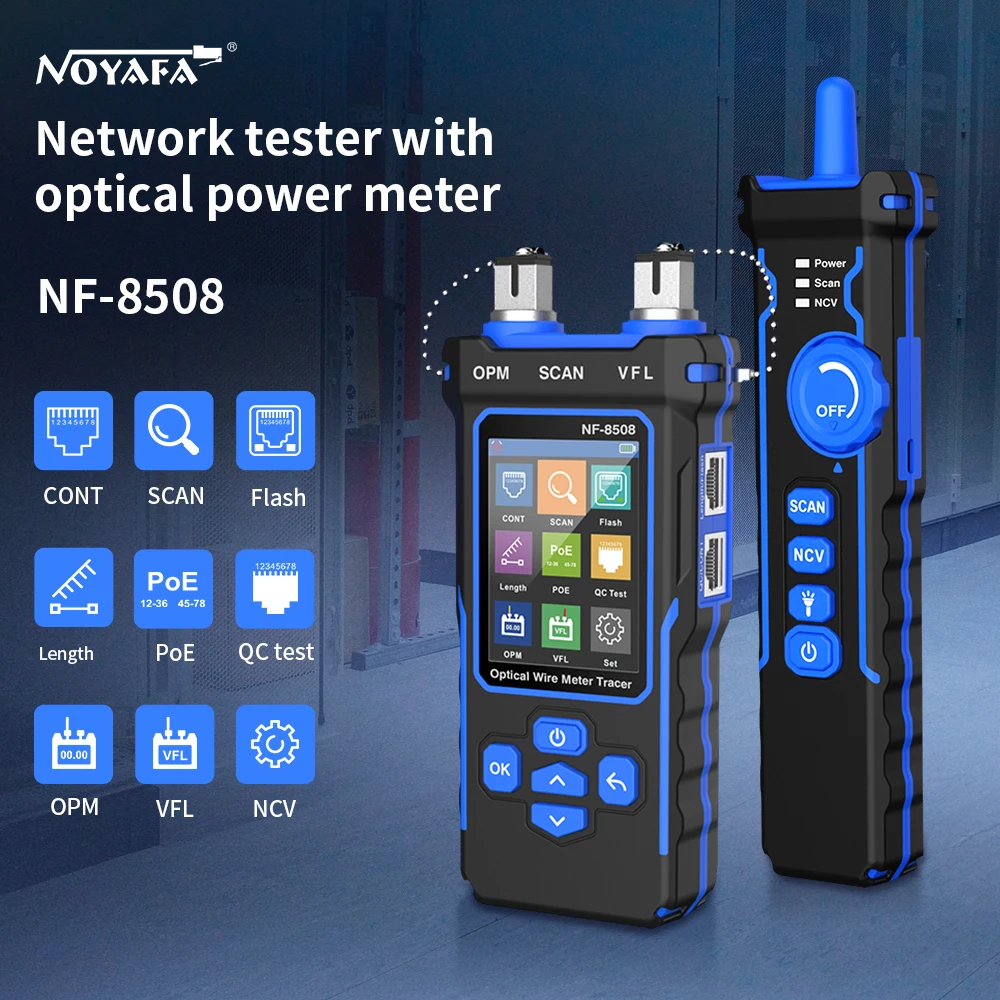 NOYAFA NF-8508 Tester śledzenia kabli Wyświetlacz LCD Miernik długości Tester liniiiremap Kontroler PoE Optyczny miernik mocy Narzędzia sieciowe