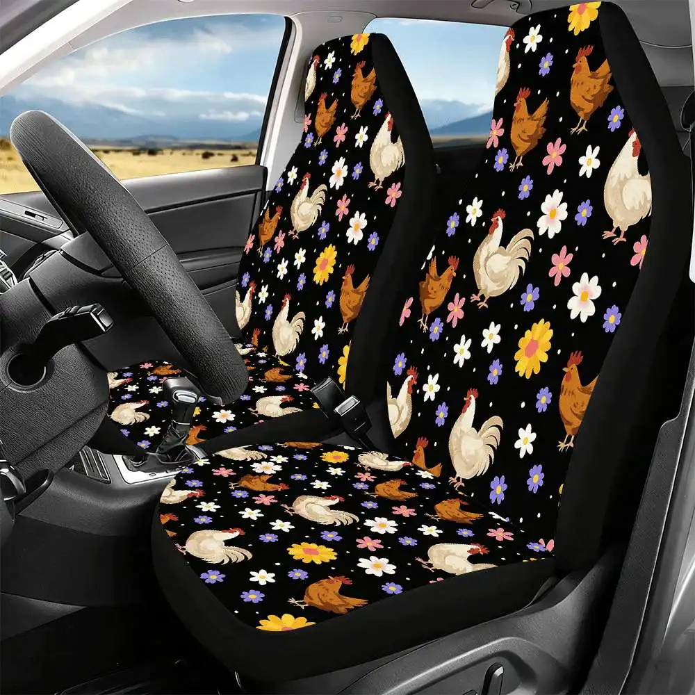 2pcs Colorful Chicken And Daisy Car Seat Covers Suitable For Front Seats, High Back Design, Material, Suitable For Cars, SUVs An