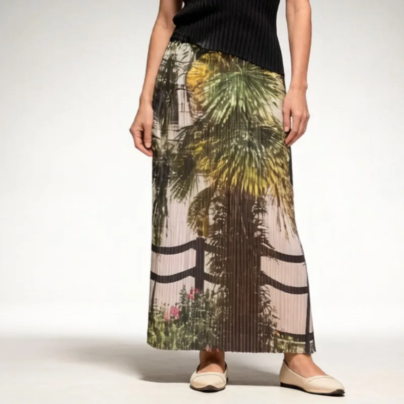 Miyake Pleated Skirt Plisse Original City Forest Print Niche Design Pleats Skirt 2026 Summer New Loose Plus Size Fold Jupe