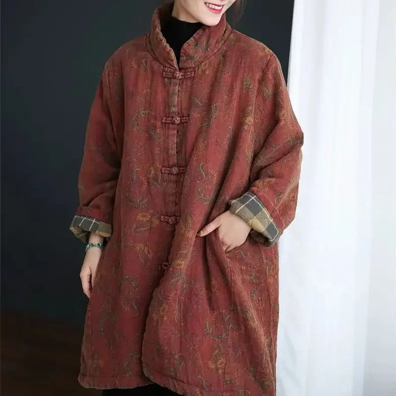 Retro Printed Womens Clothing Winter New Chinese Style Buckle Long Cotton Jacket Women Thicken Warm Linen Loose Coat