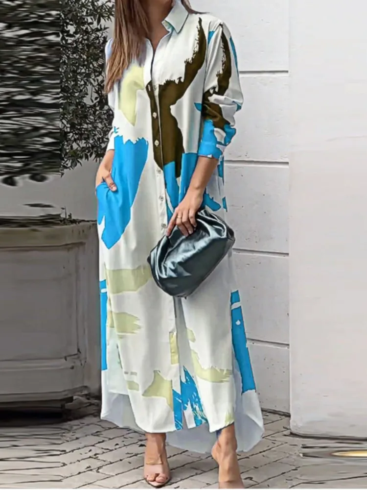 Women's Loose Casual Long Skirt Autumn And Winter New Fashion Printed Shirt Dress Elegant Commuting Long-sleeved Dresses