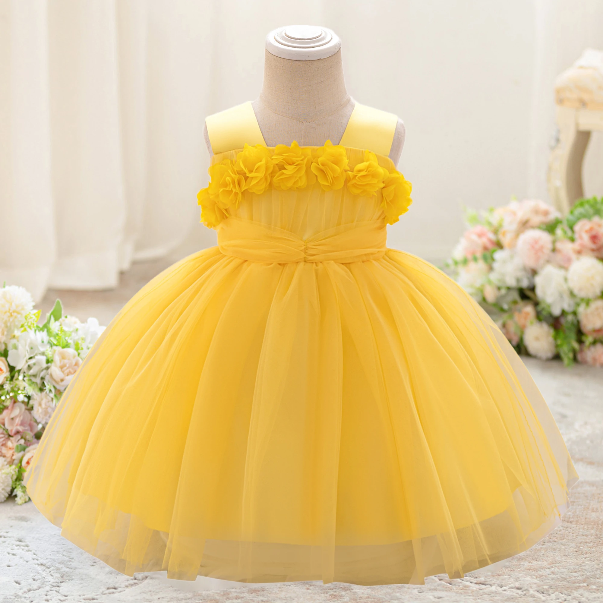 

Toddler Flower Party Baby Girls Dress Elegant Tulle 1st Birthday Baptism Bridesmaids Prom Gown Infant Wedding Princess Costumes