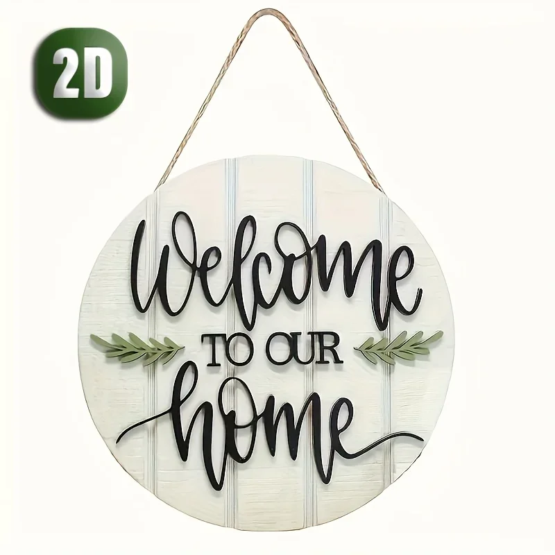 قطعة واحدة من لافتة ترحيب خشبية ريفية - "مرحبًا بكم في منزلنا" ديكور حائط مستدير مع لمسات أوراق خضراء للباب الأمامي والشرفة والمعيشة