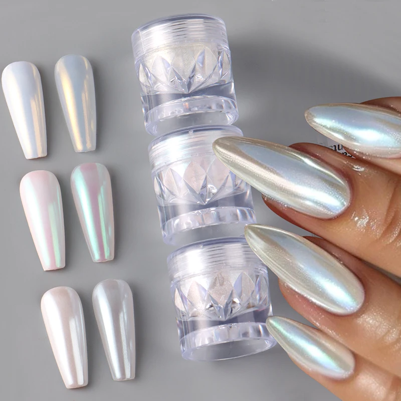 Aurora Moonlight Pearl White Nail Glitter Powder Magic Mirror Chrome Pigment Holographic Ice Mermaid Nail Art Rubbing Dust Decor