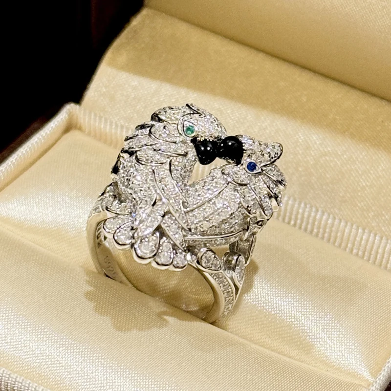 Trendy Real 925 Sterling Silver Rings For Women Gift Double Parrot Bird Design 5a Zircon Ring Luxury Fine Jewelry