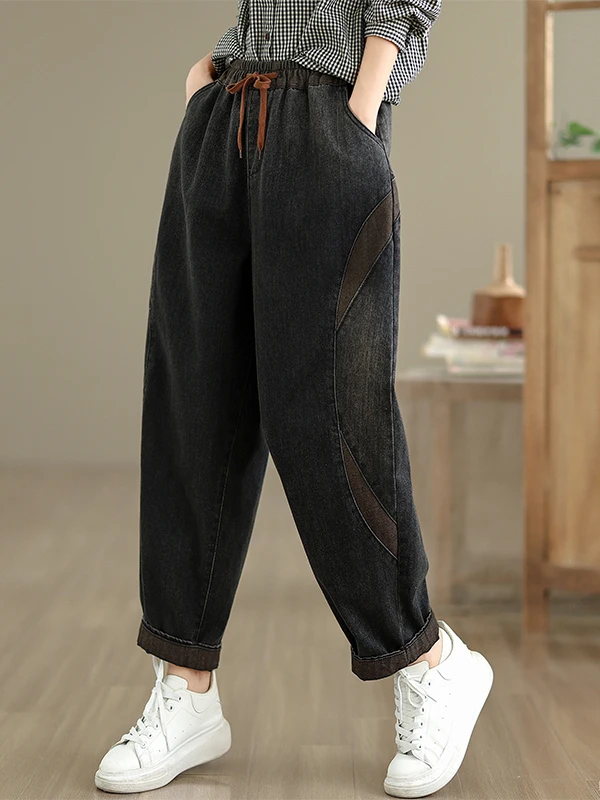 

Retro Patchwork Waed Casual Denim Jeans Women's Loose Elastic Waist Belted Long Trousers Autumn New Sle High Waist Cotton
