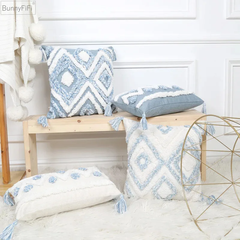 

Наволочка с вышивкой и кисточками, геометрический синий, белый цвет, домашний декор, наволочка, наволочка, 30x50 см/45x45 см