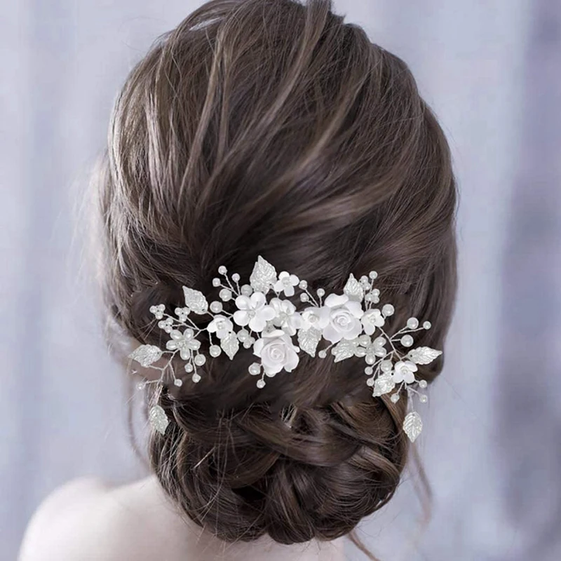 2X Flower Bride Wedding Hair Vine Silver Pearl Hair Accessories Bridal Headband Headpiece For Women And Girls