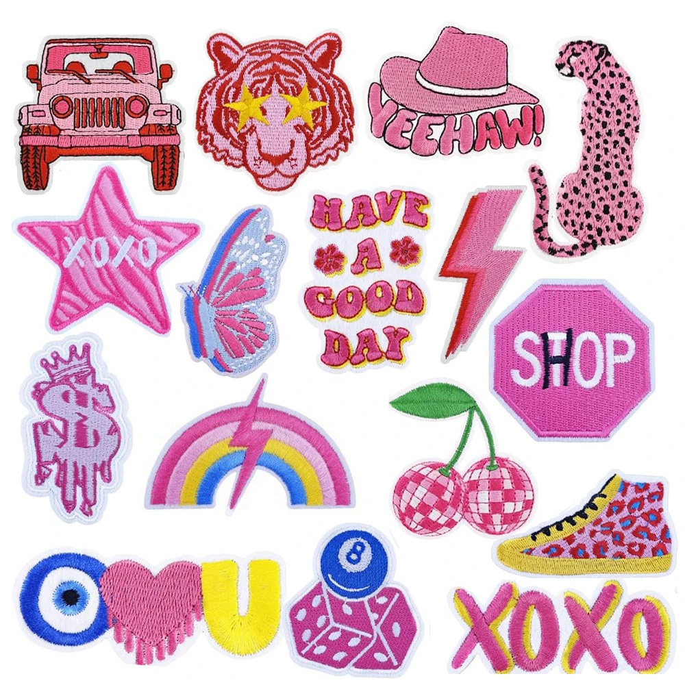 16PCS Pink Iron on Patches Embroidered Sew on Patch Applique Embellishments for Hats Clothing Jackets Backpacks DIY Decorations