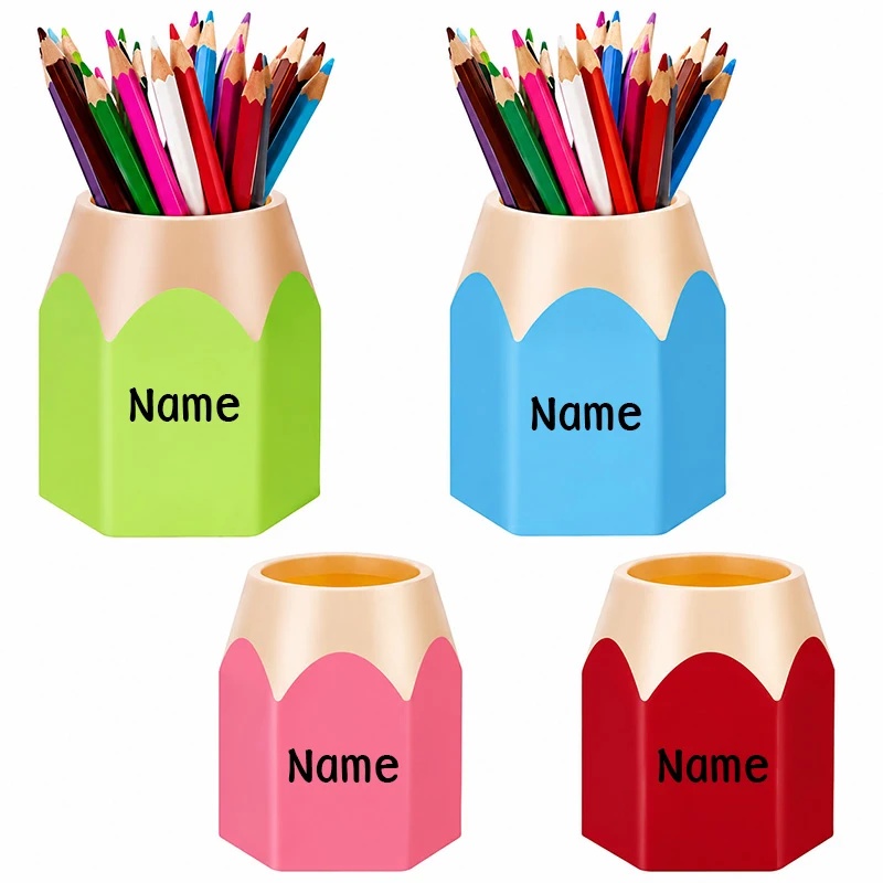1Pcs Personalized Pencil Shaped Pen Holder Custom Name Plastic Hexagonal Desk Organizer for School Office Makeup Brush Storage