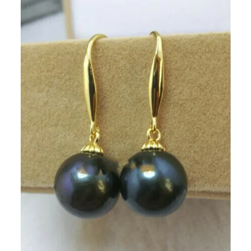 AAA 10-11mm Natural Black Tahitian Round Women's Pearl Earrings 14K YELLOW GOLD