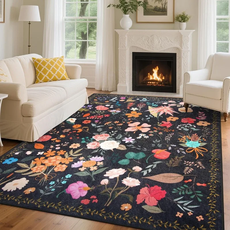 Floral Pattern Living Room Carpet Foldable Machine Washable Sofa Coffee Table Non Slip Floor Mat Home Bedroom Bedside Soft Rug