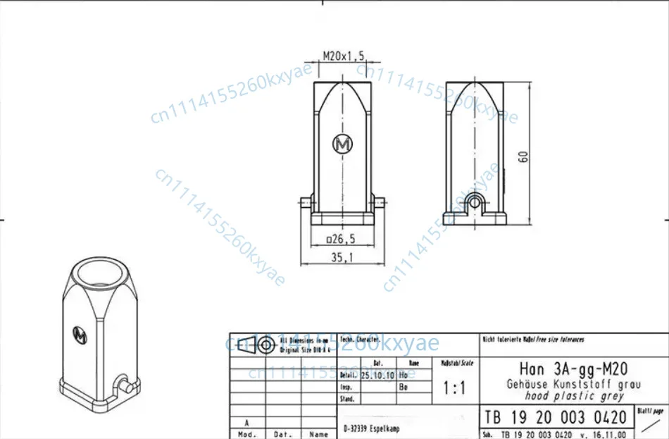 1pc 19200030420 m20 han 3a housing top outlet single buckle bottom accessories