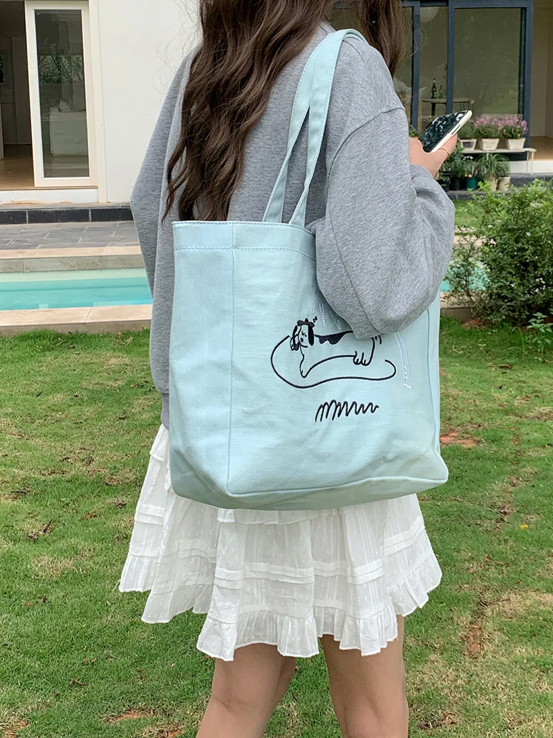 CGCBAG Korean Fashion Canvas Women Tote Bag Cute Embroidery Lage Capacity Female Shoulder Bag Commuting Simple Shopper Handbags