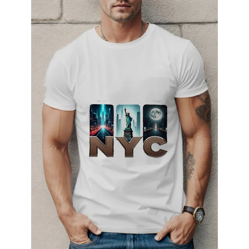 تي شيرت رجالي أسود مدينة نيويورك نيويورك لا ينام أبدًا بنمط مطبوع ونص قطن عالي الجودة 180 جرام #2