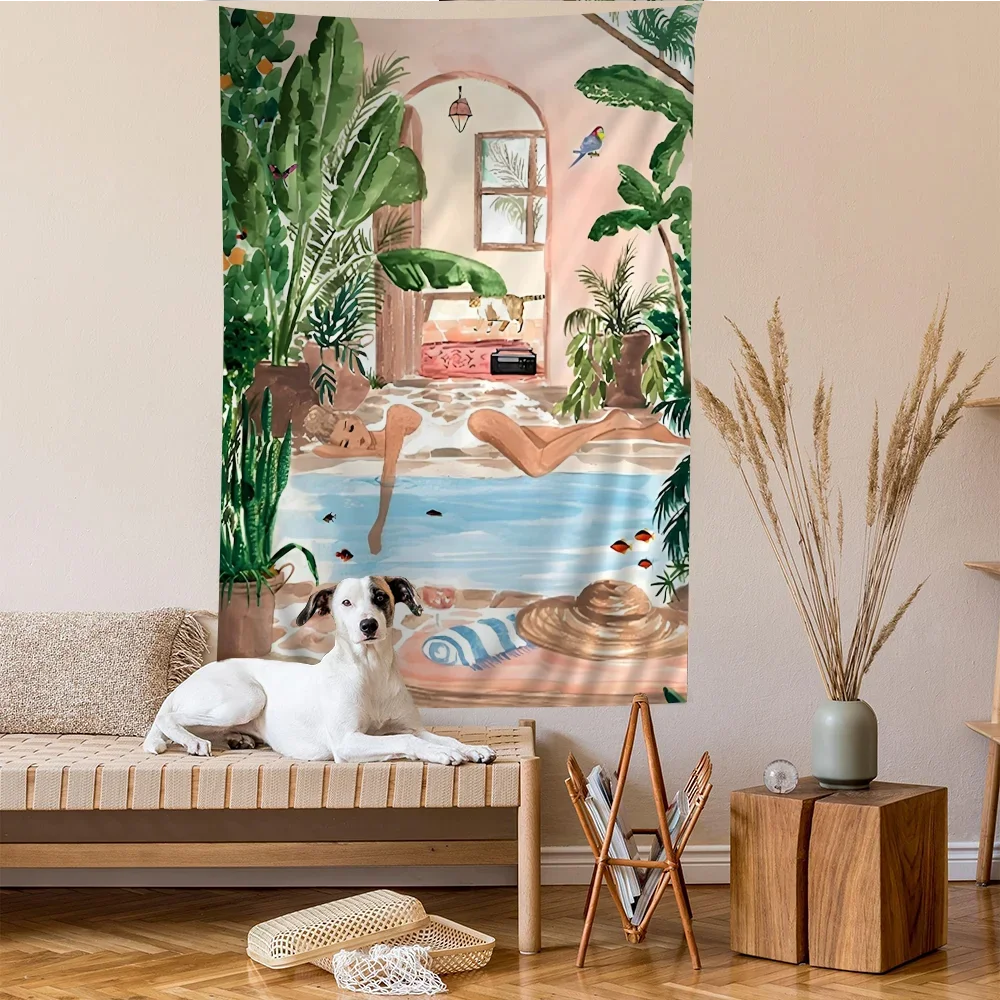 

Summer Tropical Watercolor Art Tapestry Pool Holiday Mori Garden Cute Scandinavian Style Living Room Room Decoration 180X320CM
