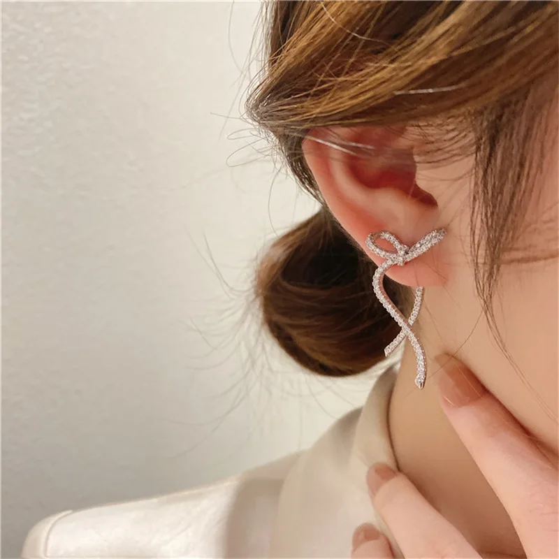 Fashion Silver Color Ribbon Bow Drop Earrings for Women Girls Korean Style Rhinestone Bow Ear Studs Earrings Wedding Jewelry