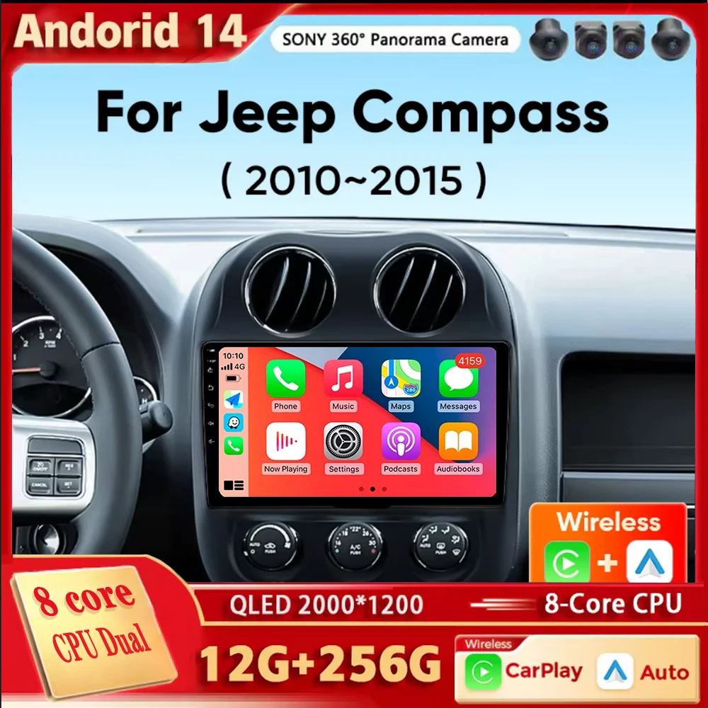 Android 14 Carplay Auto For Jeep Compass Patriot 2010-2016 Car Radio Multimedia Video Player Navigation GPS  No 2Din 2 Din DVD