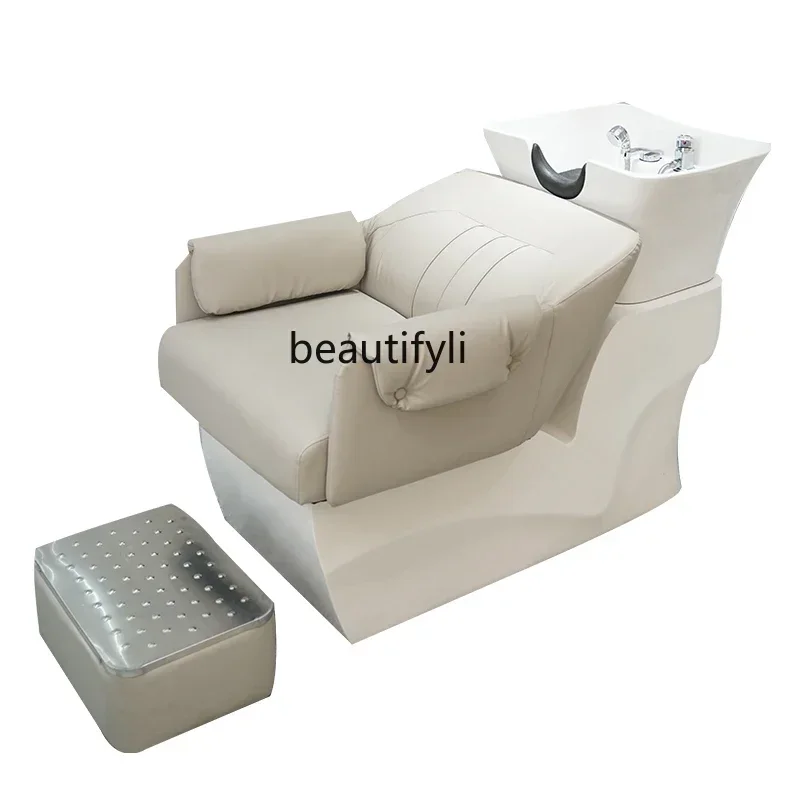 xqCeramic Basin Shampoo Chair Barber Shop Lying Half with Quick-Heating Water Heater Integrated Flushing Bed