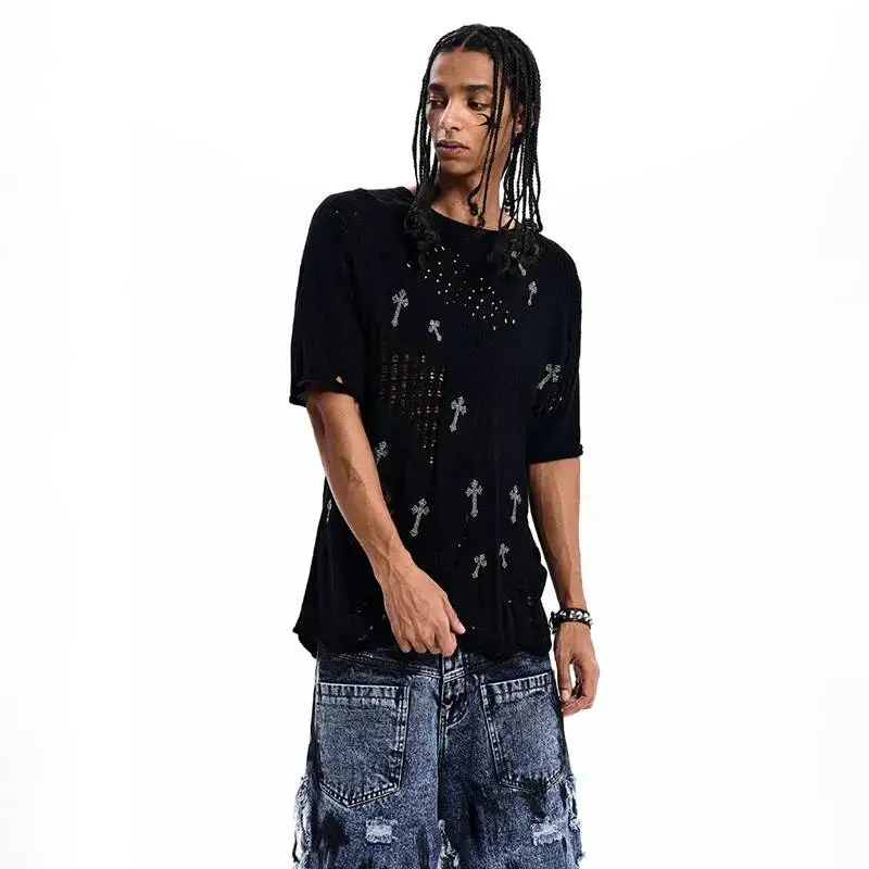 LUZHEN 2026 Summer Personalized Broken Hole Design Wornout Short Sleeve Knitted T-shirts Men's Trendy Solid Color Tops JY7506