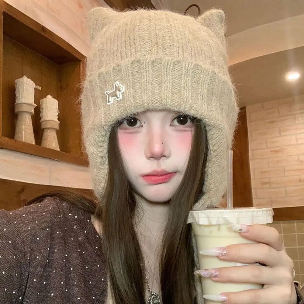 Polyester Fleece Lined Beanie Large Head Circumference Ear Protection Warm Winter Hat 56cm To 58cm Cat Ear Knitted Hat