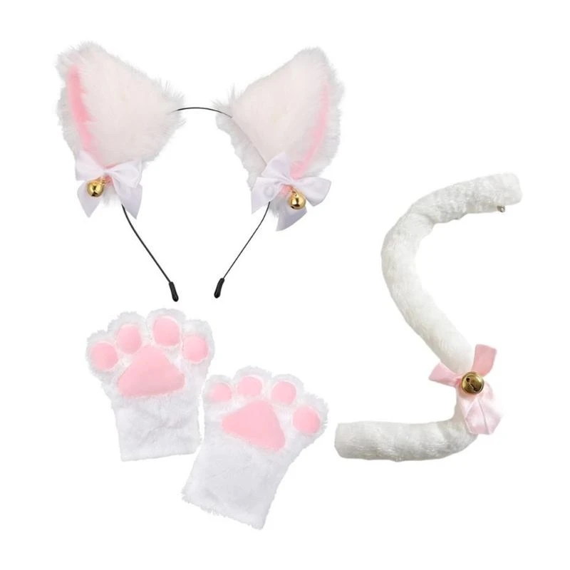 3/4pcs Katzen kostüm für Kinder-Katzen ohren Stirnband Schwanz Schwanz Glocke Choler Handschuhe Halloween Party Tier Cosplay Zubehör – Detail 1