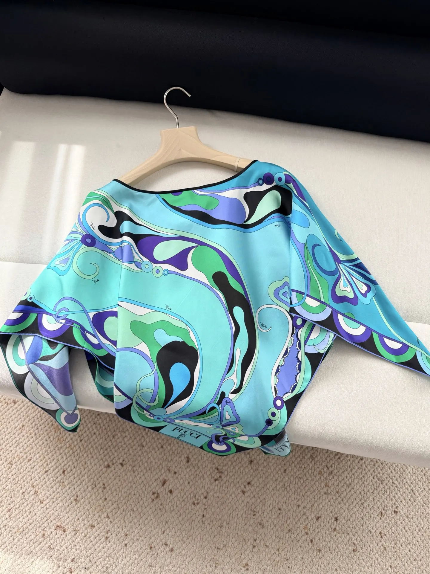 

2026 New Beautiful Blue Floral Print Cape Cover Shirt Blouse Tops