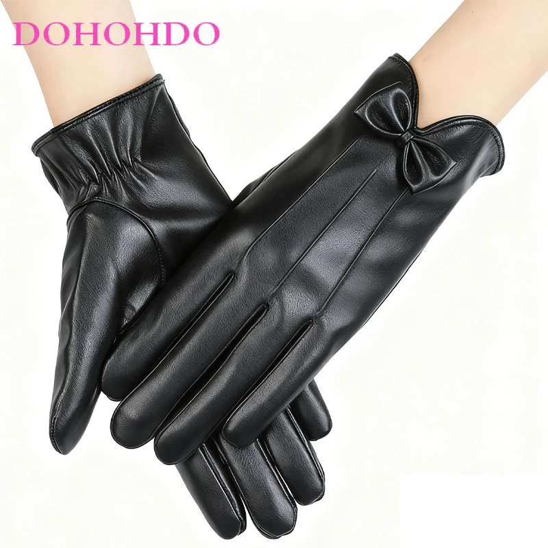 

Ladies Touch-screen Leather Gloves In Autumn And Winter Thick Warm Cycling Driving Gloves Woman Black Gloves Перчатки Женские