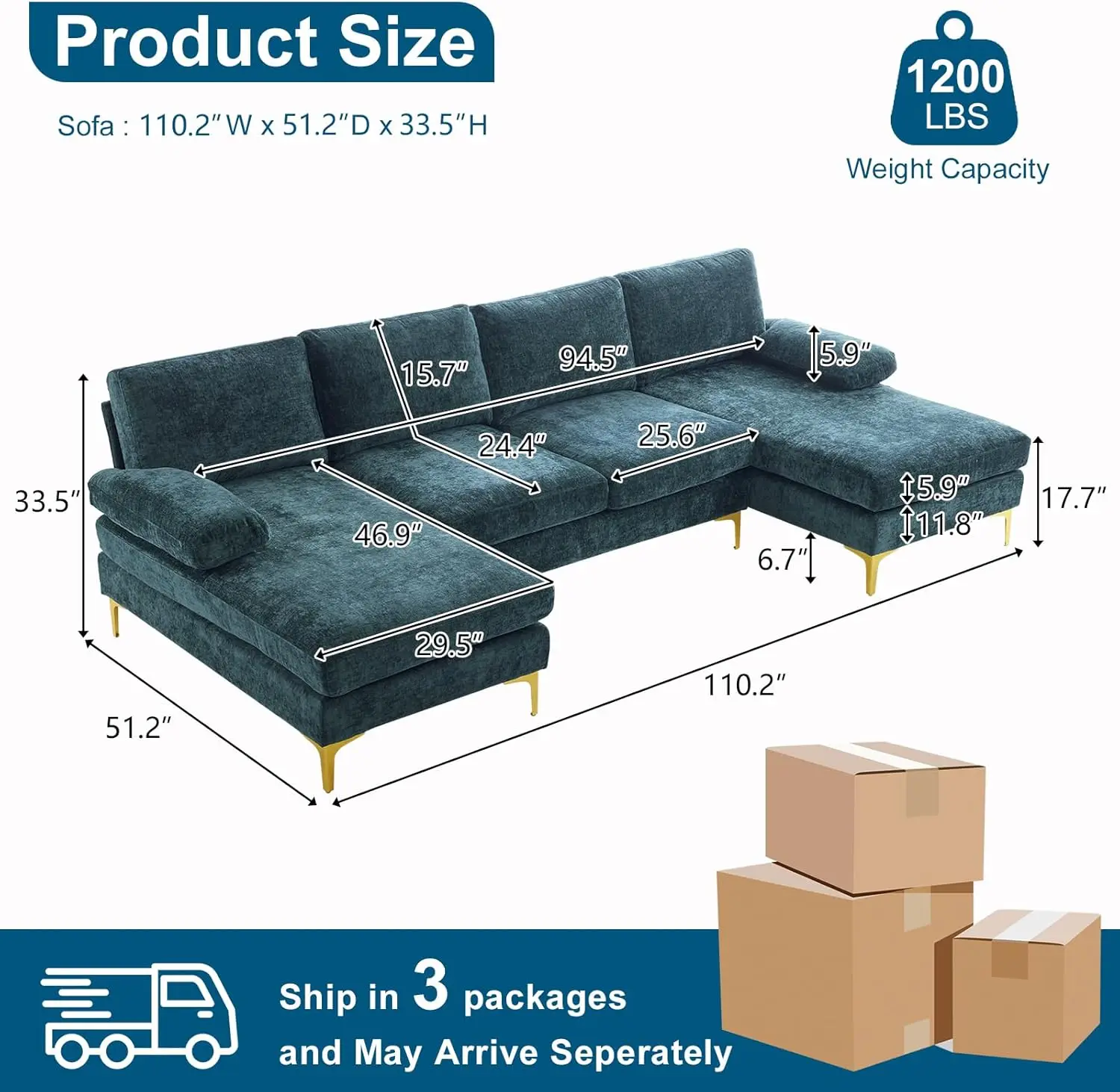 U-shape Sectional Sofa with Double Chaise, Modern Couch Set with Soft Seating Padding, Chenille Fabric ,Metal Gold Leg,Rich Cyan