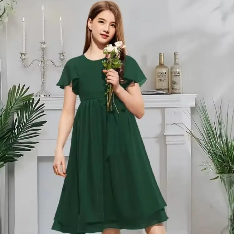 OLA A Line Scoop Junior Bridesmaid Dress Flower Girl Dress Chiffon Knee Length With Sash Bow For Graduation Ceremony