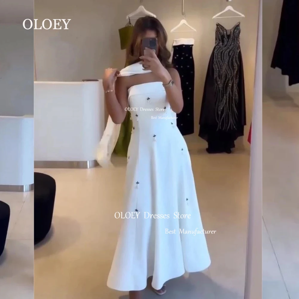 

OLOEY Elegant Custom Made Ivory Arabic Evening Dress With Scarf Crystal Ankle Length Wedding Party Prom Dress Zipper Back