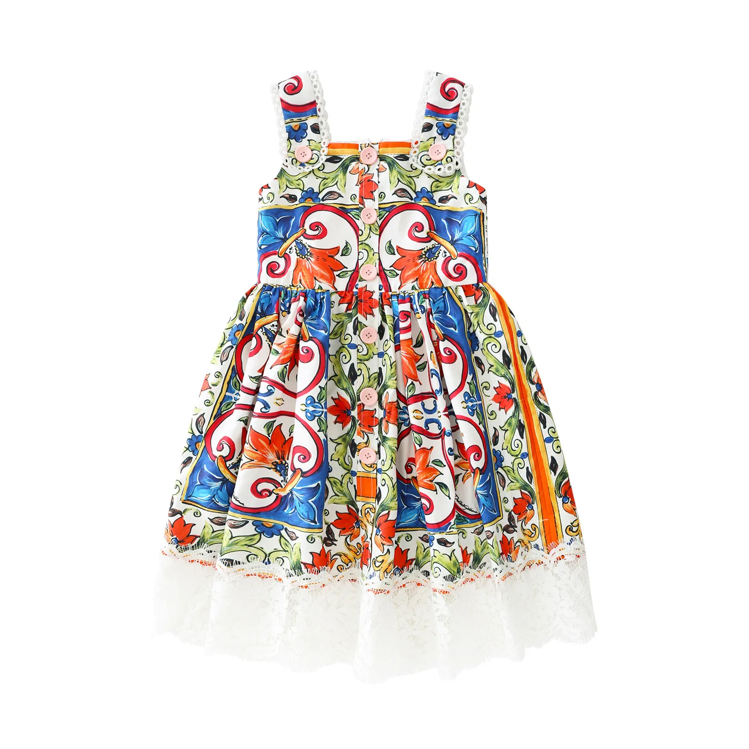 New children's skirt summer suspender dress color ceramic print slim