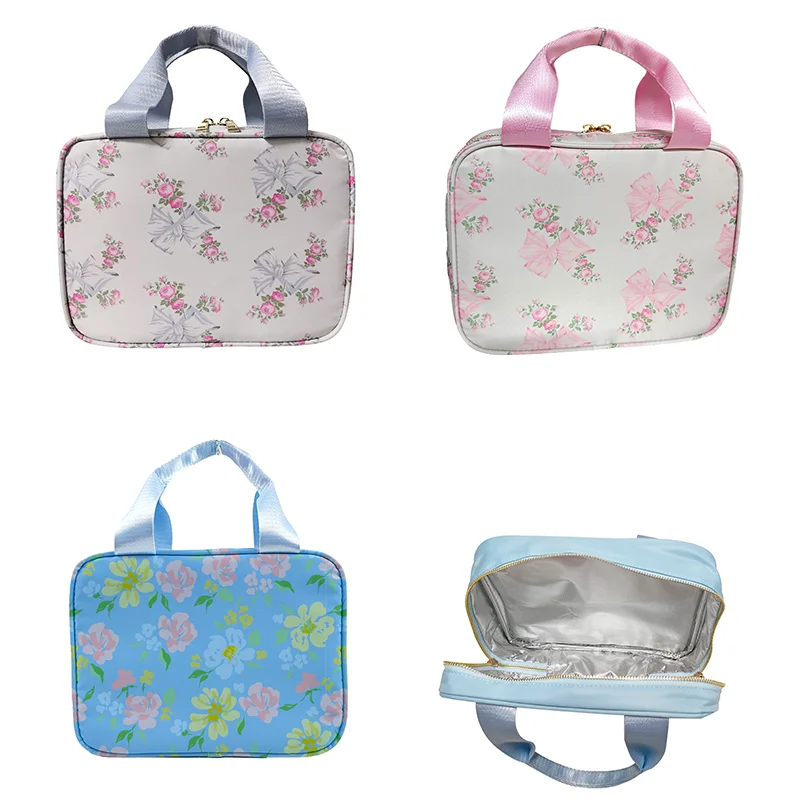 Nylon Floral Print Insulated Lunch Bag Reusable Cooler Tote Bag Preppy Lunch Handbag for School Travel Picnic